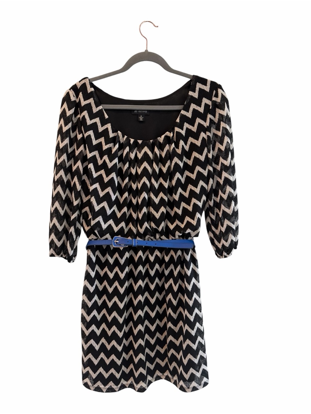 Jodi Kristopher Black and White Chevron Long Sleeve Dress with Blue Belt